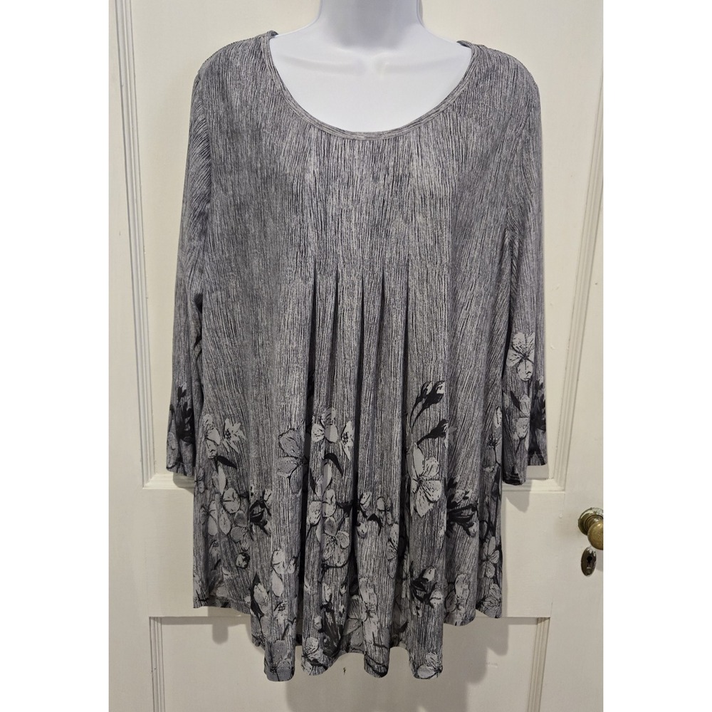 Timeson Floral Print‎ Tunic Top Pleated 3/4 Sleeve Blouse Lined Blue Medium XXL